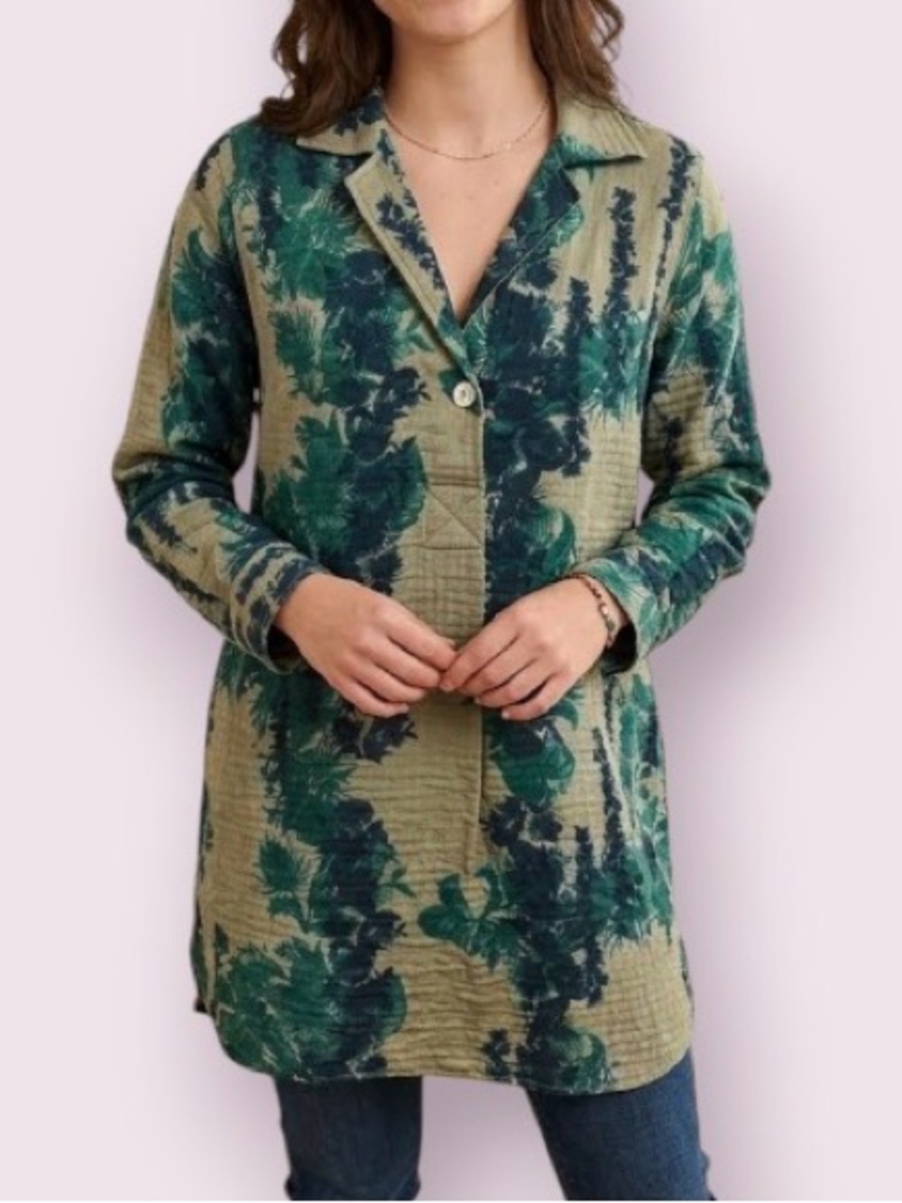 Soft Surroundings Floral Green Super-Soft Cotton Popover Blouse Size Medium